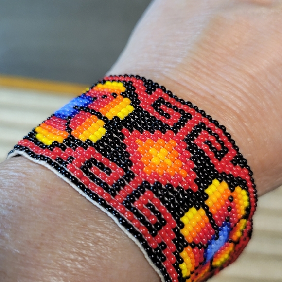 2 Handmade Bracelets Red, Orange, Yellow, Black Glass Seed Bead Jewelry Set - Picture 3 of 11